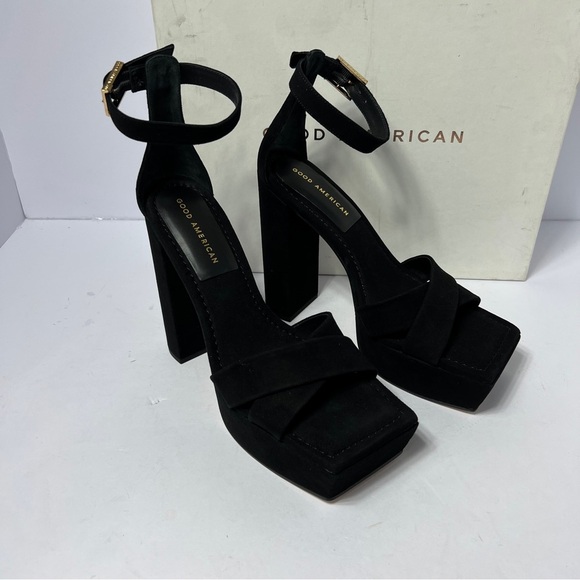 Good American Womens Black Suede Square Toe Block Heel Platform Shoe Size 9.5 - Picture 1 of 13